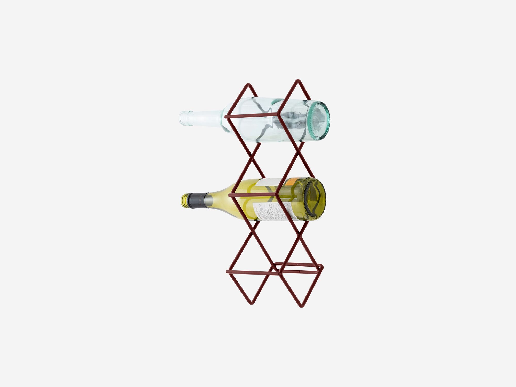 Single modular red wire wine rack with bottles vertical view